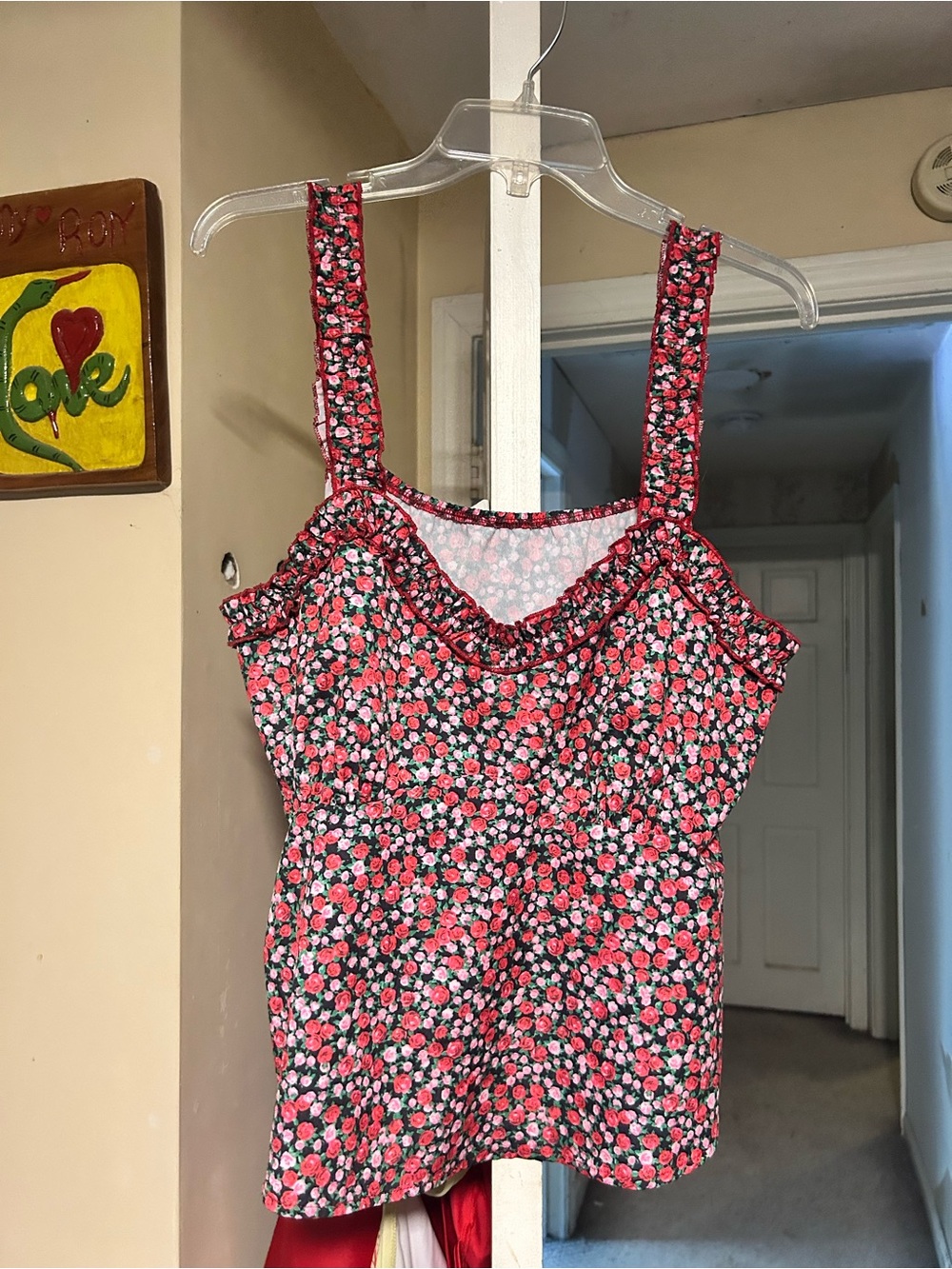 Cider Floral Pink and Black Ruffle Trim Camisole